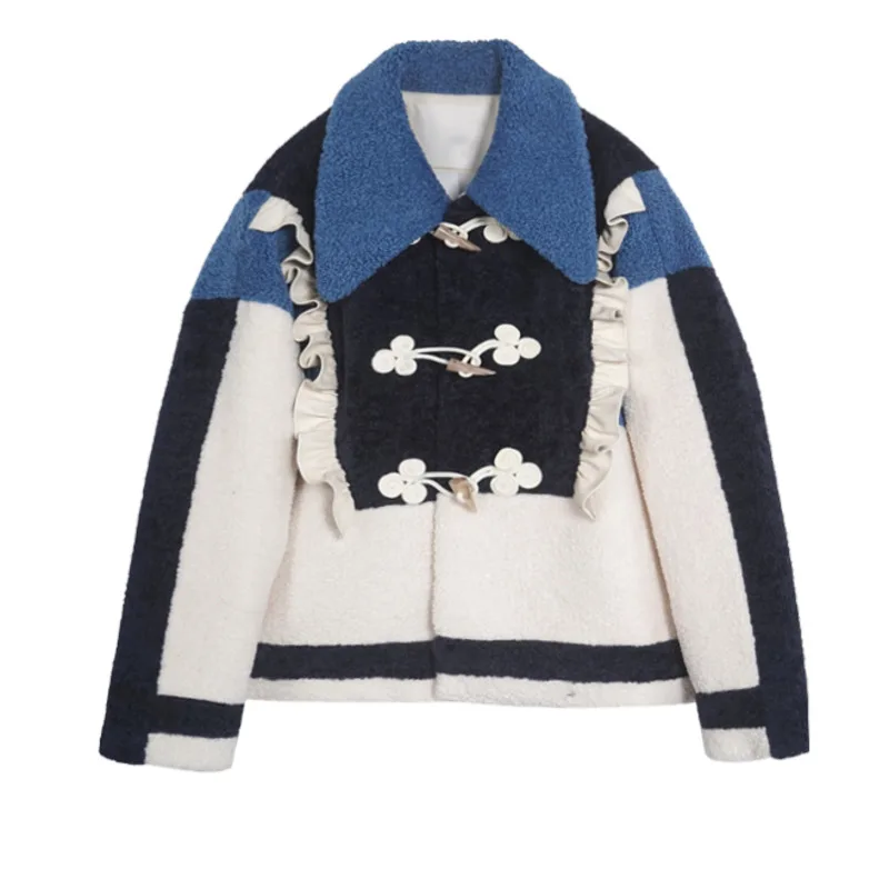 

Winter Jacket Women Ruffled Ox Horn Buckle Imitation Fur One-piece Coat Female Winter Collar Imitation Sheep Shearing Fur Coat
