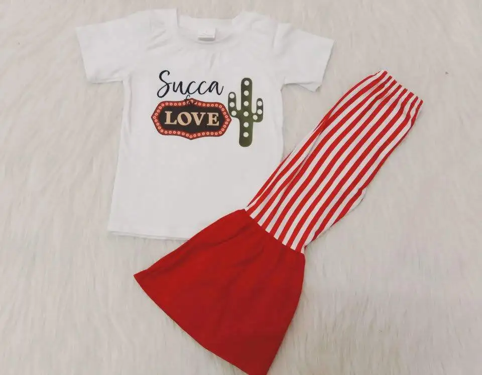 baby suit set I like you baby girl Tee heart biscuit striped bell bottom outfit Valentine's Day fashion children's clothing wholesale cute outfit sets