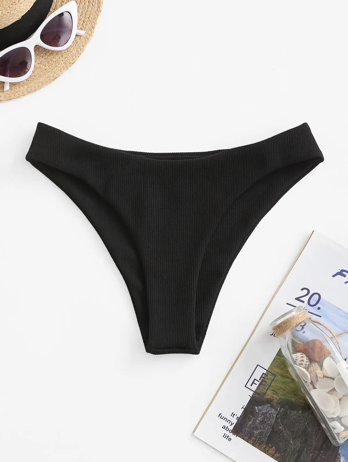 ZAFUL High Leg Ribbed Plain Bikini Bottom One Piece Swimsuit Panties Underwear Side Ties Brazilian Thong Ladies Short Bottoms