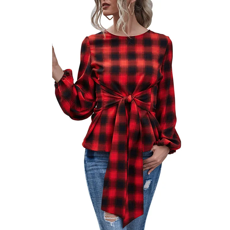 Long Lantern Sleeve Plaid Blouse for Women Vintage Round Neck Self-tie Top 2020 Fashion Clothings MX0117