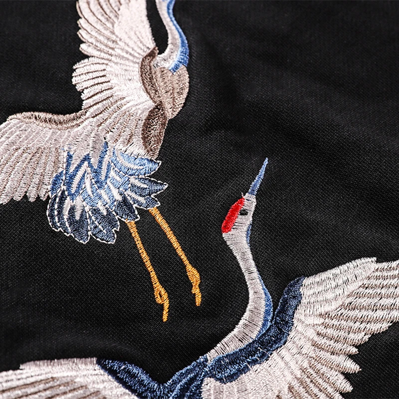  Bebovizi Japanese Crane Bird Embroidered Pullover Hooded Sweatshirts Hoodies Men Harajuku Hip Hop H
