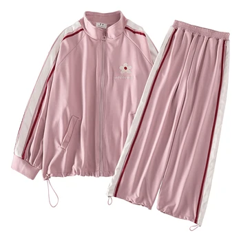 

Womens Two Piece Set Pink Tracksuit Sets Floral Embroidery Zipper Jacket Elastic Waist Wide Leg Pants 2020 Spring Top And Pants