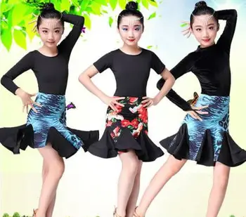 

Children's Latin dance practice clothes long sleeve split dance clothes velvet turtleneck print pull BF007