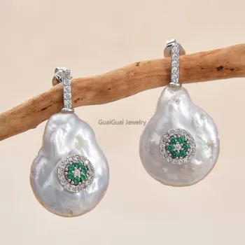 

GG Jewelry White Keshi Coin Pearl Green CZ Pave Stud Earrings