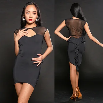 

Classical Latin Dance Dress Costume For Women'S Sexy Cheongsam Style Mesh Ladies Ballroom Samba Tango Practice Clothes DWY1951