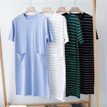 

Brand Fashion Women High-end Luxury Summer Gold Silver Bright Silk Pocket Striped Knitted Midi Short-sleeved Dress