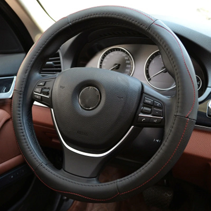 Black Автомобильный кожаный чехол на руль 38 см, верхний слой из воловьей кожи, четыре сезона, универсальный дышащий чехол на руль для салона автомобиля - Название цвета: Black