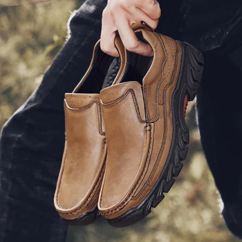 

Merkmak 2020 New Genuine Leather Men Casual Shoes Wear-resistant Non-slip Men Loafers Slip on Driving Shoes Plus Size 38-48