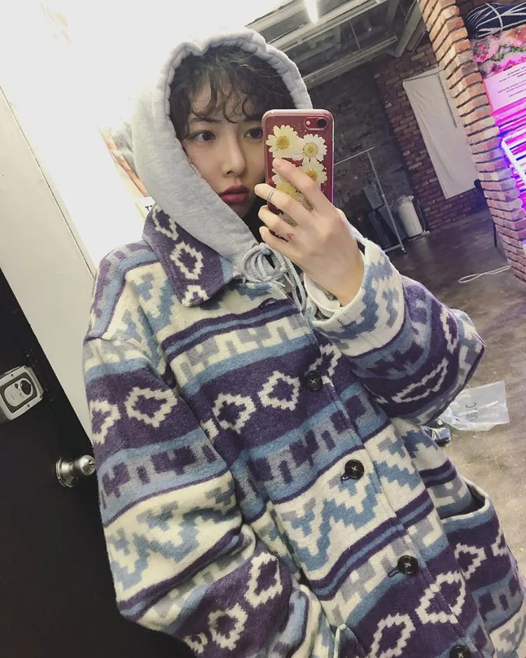 Kpop 4Minute Kim Hyun/одинаковые жаккардовые однобортные толстовки с отворотом, женская зимняя уличная одежда, шерстяные теплые толстовки, женские пальто