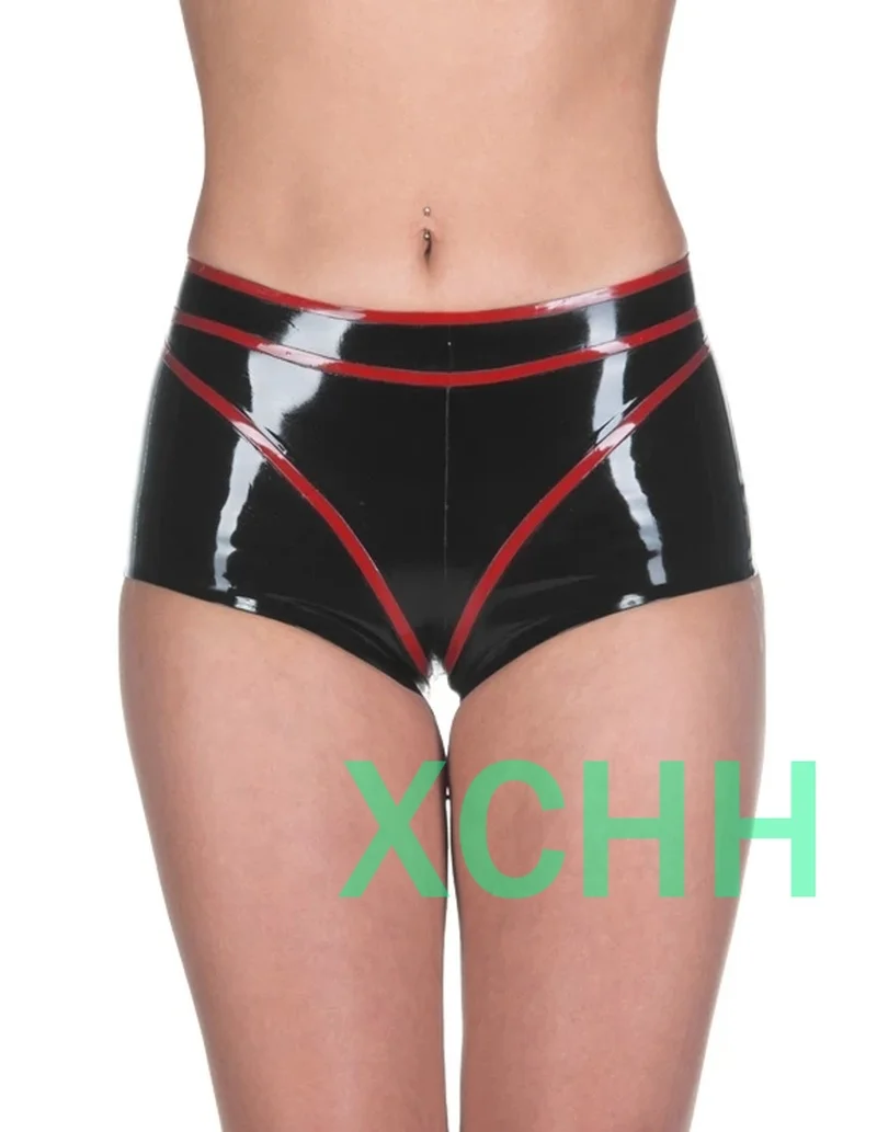 

Sexy Women Black with Red Trim Latex Lingerie Shorts Exotic Rubber Underwear High Waist Panties
