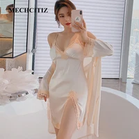 MEHCITIZ 2 Pieces Women's Robe Sets Spring Summer Sexy Princess Pyjamas Lace Gowns Silk Sleepwear Night Dress Home Wear Bathrobe