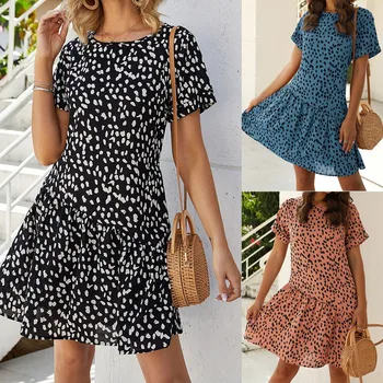 

Dress Women платье Summer Fashion New Loose Short Sleeve O-Sleeve Loose Ruffle Splice Floral Print Casual Mini Dress Free Ship