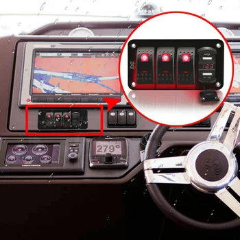 

Light On-Off Circuit Breaker Switch 4 Gang Toggle Rocker Switch Panel With USB For Car Boat Marine RV Truck Red LED