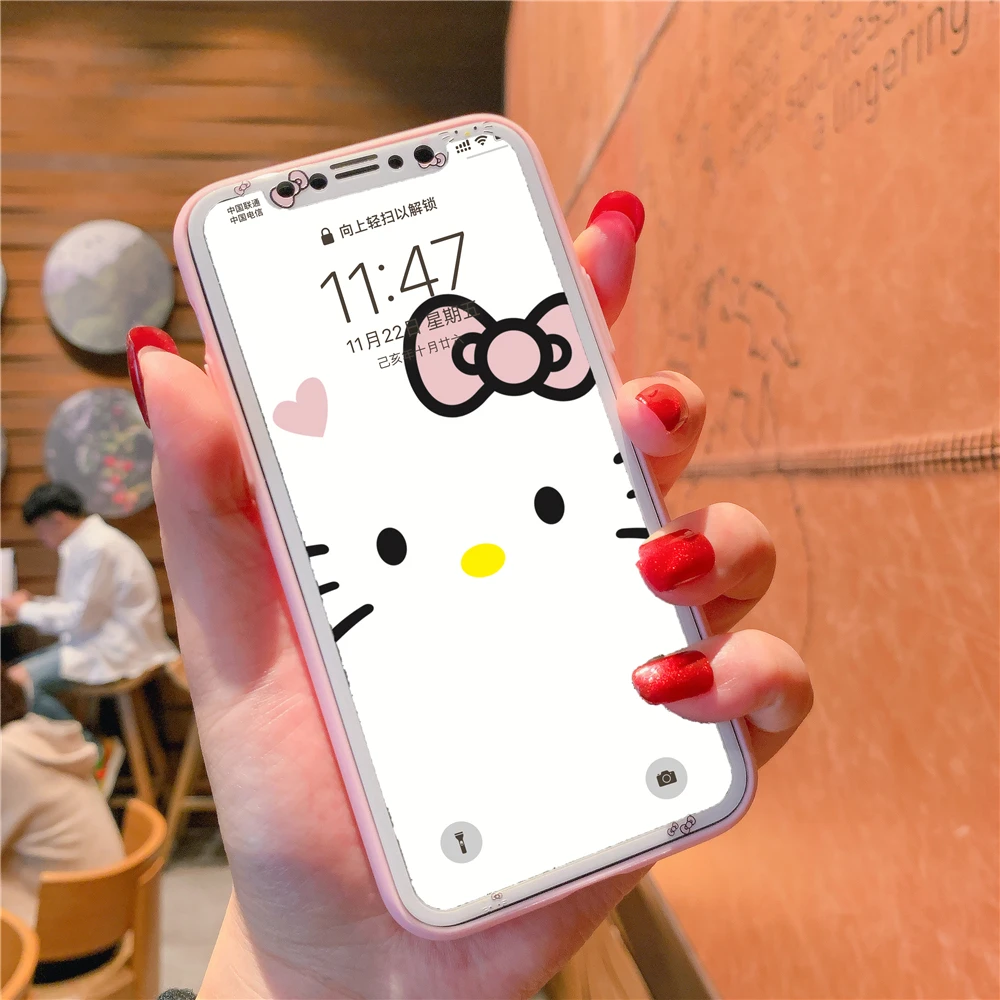 Закаленное стекло Hello kitty из двух частей чехол для телефона для iphone 11 Pro Max 6 6splus 7 8 plus X XR XS MAX аниме закаленное покрытие