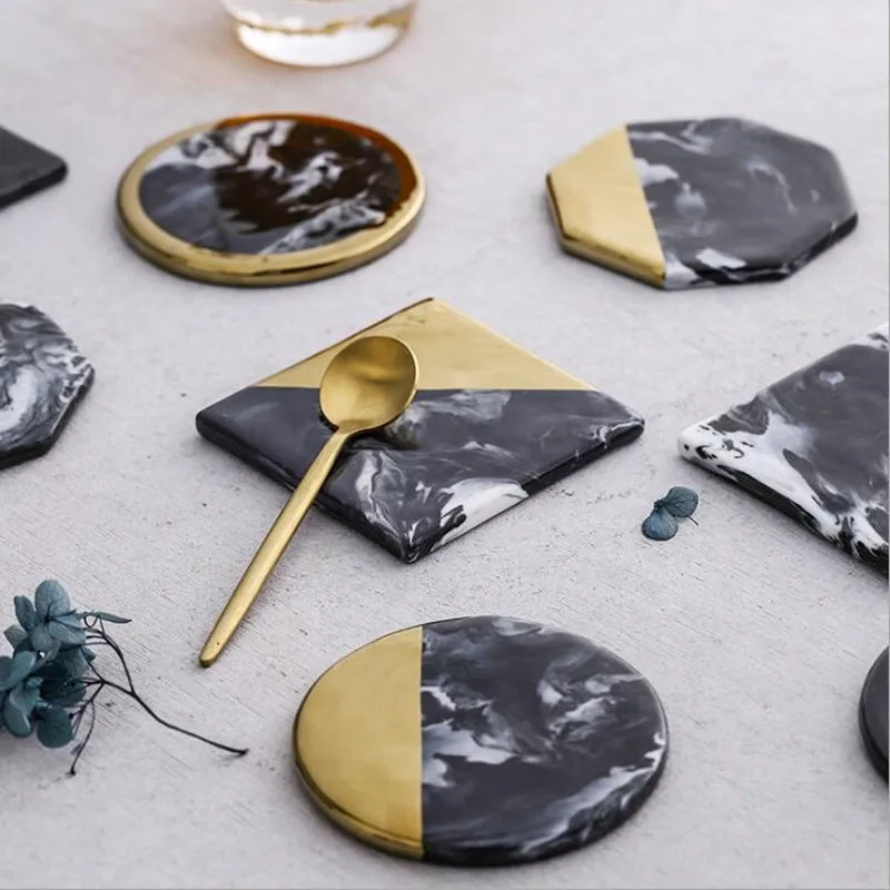 Marble Grain Coasters Ceramics Cup Pad Coffee Tea Mat Round Black Drink