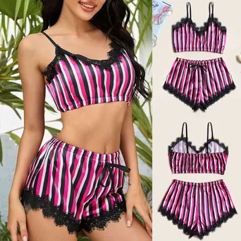 

Women Lace Satin Wireless Bra Camisole Striped Pajamas Sleepwear Bow Shorts Set Lingerie Temptation Lace Underwear Three Point