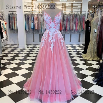 

Sofuge Pink Girl Prom Evening Dress Celebrity V Neck White Appliques Pleat Formal Dresses Robe De Soiree Evening Party Gown