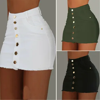

Plus Size Women Button Design Mini Skirts Stretch Pockets High Waist Skirts Summer Solid Color Denim Short Skirt 3Colors