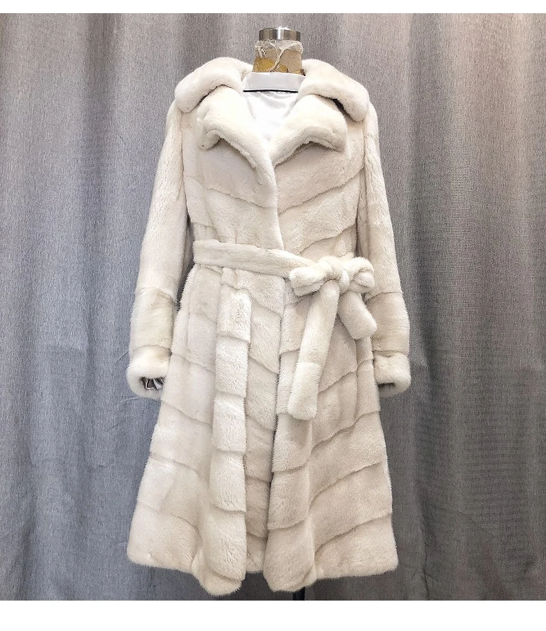 Pearl white Натуральная норка шуба Новая зимняя женская Норковая меховая верхняя одежда длинная - Цвет: Pearl white