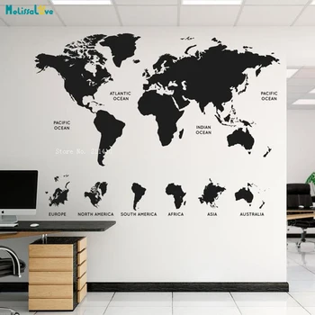

Office World Map Wall Sticker Decor Removable 7 Continents 4 Oceans Home Vinyl Art Murals Vinyl Gift Living Room YT2401