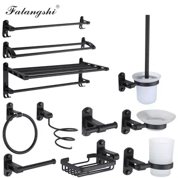 

Falangshi Bathroom Hardware Set Black Painted Towel Rack Soap Basket Clothes Hanger Toilet Paper Holder Space Aluminum WB8817