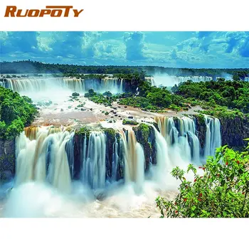 

RUOPOTY Diy Framed Green Tree Waterfall Landscape Paints By Numbers For Adults Home Wall Decoration HandPainted Artcraft Photo