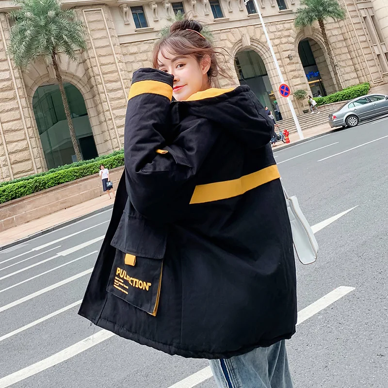 

2019 Winter Couples Large Pocket Hooded Tooling Jacket Hong Kong Style CHIC Korean-style Loose Casual Cotton Overcoat Women's