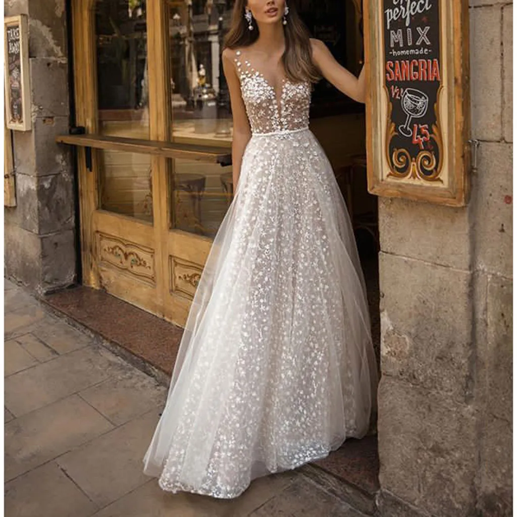 Beach A Line Wedding Dresses Glitter Deep V Neck Backless Lace 3D Floral Appliques Sleeveless Bridal Gowns Bow Belt Custom Made plus size wedding dresses