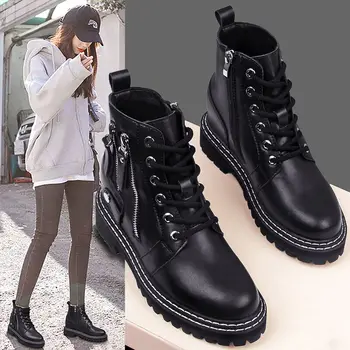 

REVT 2020 new style womens Genuine Leather fashion winter Martin boots increased Double zipper style girls boots womens shoes