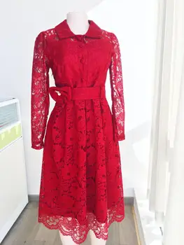 

Smart temperament long-sleeved shirt collar strand texture cardigan comfortable waist A-line swing lace dress with bow