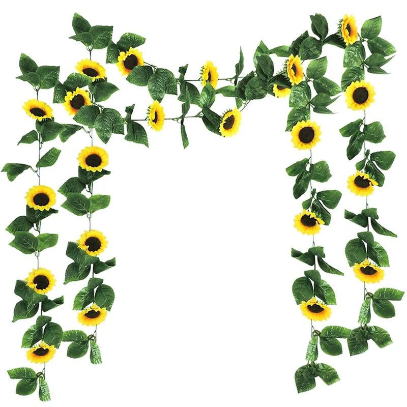 2 Pack Artificial Sunflower Garland Silk Sunflower Vine Artificial Flowers With Green Leaves Wedding Table Decor