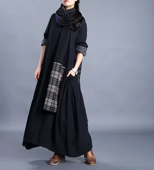 

2020 Spring Autumn Women's Round Neck Large Swing Dress Pocket Solid Color Long Cotton Linen Dresses