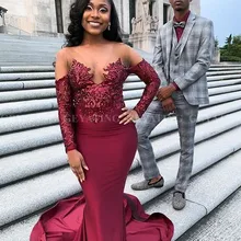 Сексуальные африканские бургундские платья для выпускного вечера с длинным рукавом и шлейфом, прозрачные черные платья на выпускной для девушек, вечерние платья