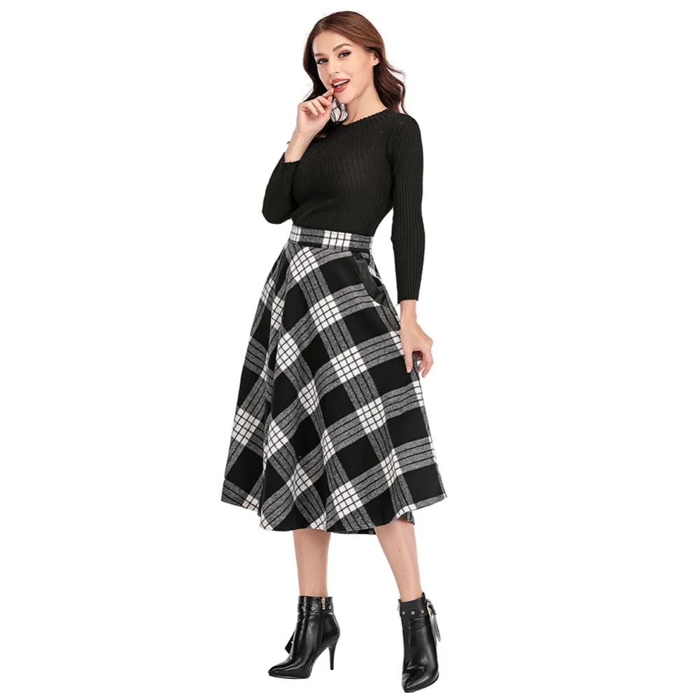 High Waist A Line Women Long Skirt Plus Size 4XL England Plaid Woolen Ladies Skirts Woolen Pleated Tartan Female Bottom