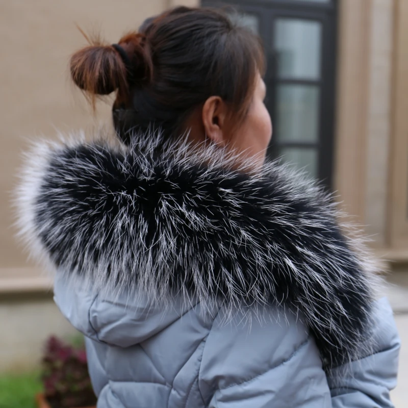 Зима натуральный мех енота воротник негабаритный роскошный модный пушистый теплый мех енота шарфы женские пальто шарф-капюшон шаль