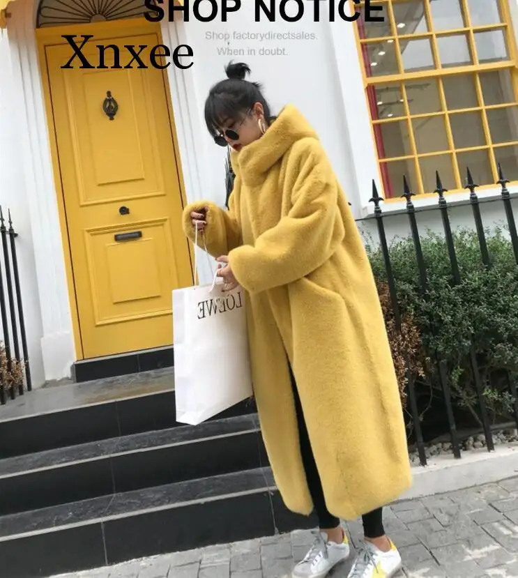 Winter Coat Real Teddy Fur Coats Women Beige Long Sleeve Fur Jackets Women clothing  Elegant Solid Pockets Longer Female Ladies