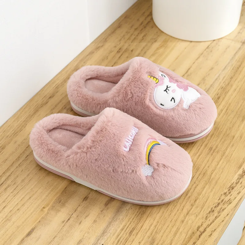 Детская Хлопковая обувь; детские домашние тапочки для мальчиков и девочек; Милая теплая обувь с единорогом; утепленные детские тапочки для мальчиков и девочек - Цвет: Hot Pink