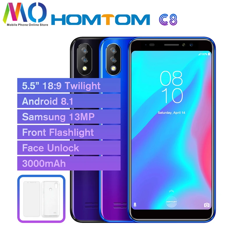 

HOMTOM C8 Mobile Phone 5.5"18:9 Full Display Android 8.1 MT6739 Quad Core 2GB+16GB Smartphone Face Unlock Fingerprint ID 4G FDD