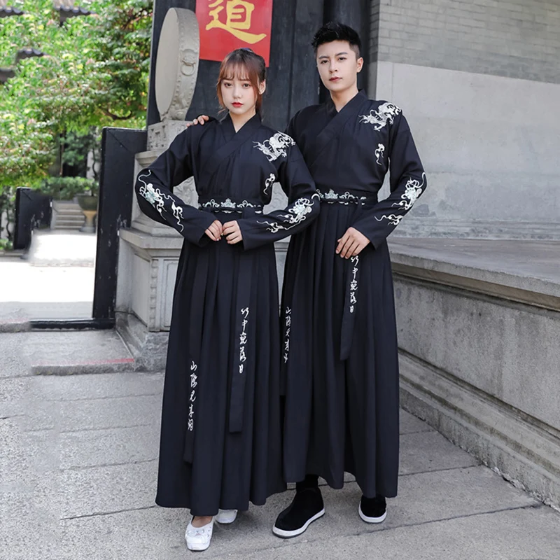 Черный вышивка Hanfu для женщин и мужчин традиционные танцевальные костюмы платье феи певцы представление одежда Народный фестиваль наряд DC3175