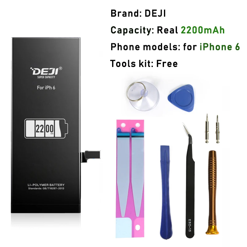 DEJI оригинальная литиевая батарея для iPhone 5se/6/6s/6 p/6s p с бесплатными инструментами, набор, настоящая батарея большой емкости, замена 0 циклов - Цвет: 2200mAh for iphone 6