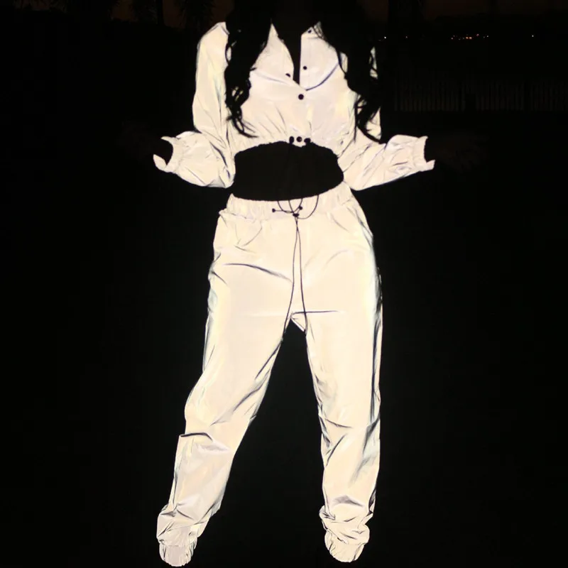 

women Reflective Two Piece Set Drawstring Crop Top and Pants Hip Hop Club Festival Outfit Tracksuit Joggers Suit