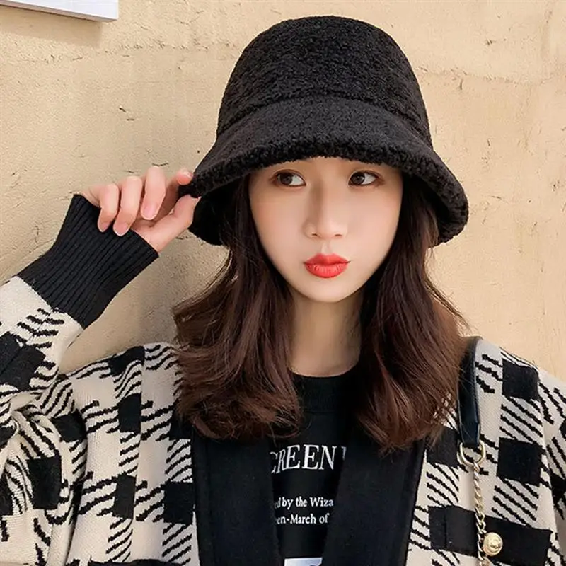 Lamb Fur Sun Protection Cap Long Brim Breathable Big Hat Fishing Hat Climbing Cap Outdoor Warm Hat for Girls Women(Coffee