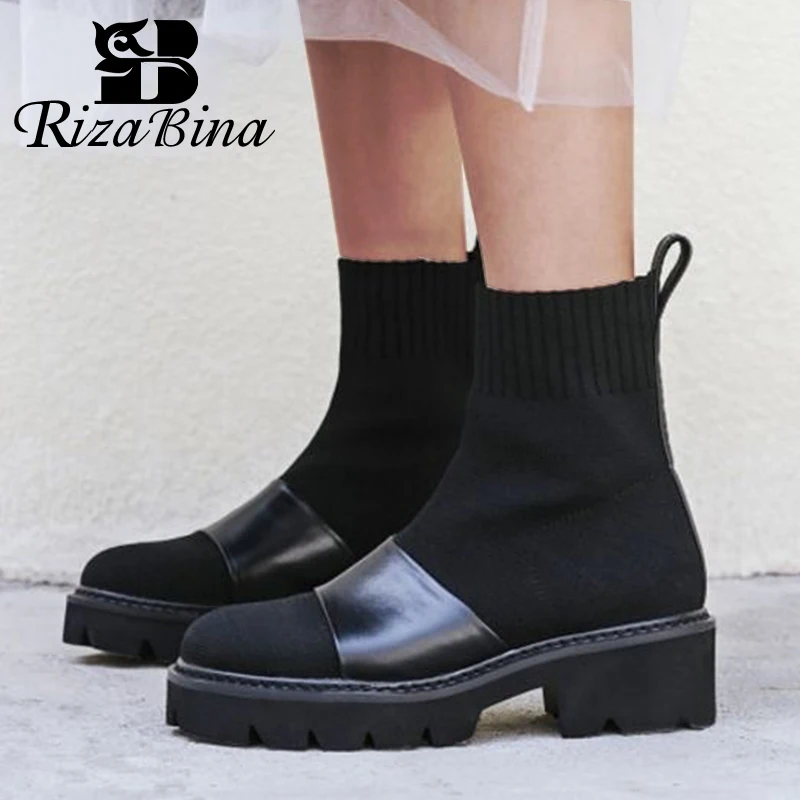 

RIZABINA Women Ankle Boots Genuine Leather Patchwork Knitting Platform Boots Casual Stripe Square Heeled Footwear Size 34-41