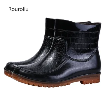 

Rouroliu Men Platform Ankle Rainboots Autumn Winter Waterproof Safety Work Shoes Non-Slip Warm Water Boots