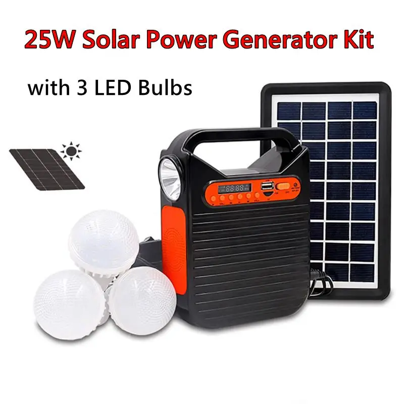 25W Home System Solar Power Panel Generator Kit with FM Radio 3 LED Bulbs Light USB Charger Portable Outdoor Emergency Lighting solar panel portable power station