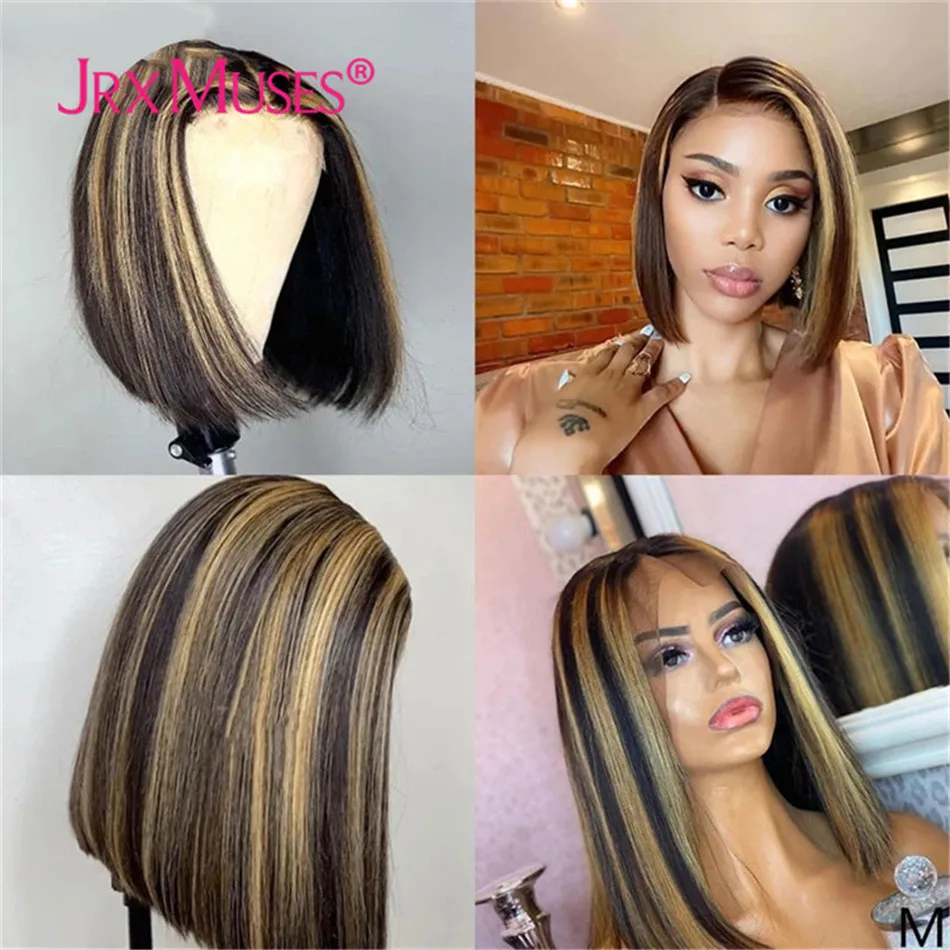Short Bob Cut Human Hair Lace Part Wigs 1B Highlights 27 Color 13x1+6x1 T Wig Bleached Knots Pre Plucked Remy | Шиньоны и парики