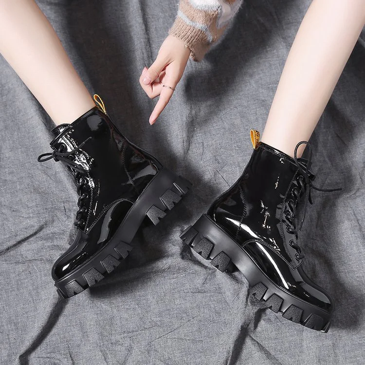 Women Motorcycle Ankle Boots Wedges Punk Boots Female Lace Up Platforms Winter Boots Patent Leather Ankle Boots For Women Shoes