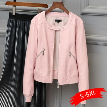 

2019 Faux Leather Jacket Women O-neck Zipper Casual Jackets Female Short Biker Coat Plus Size S-4XL Basic Outwear