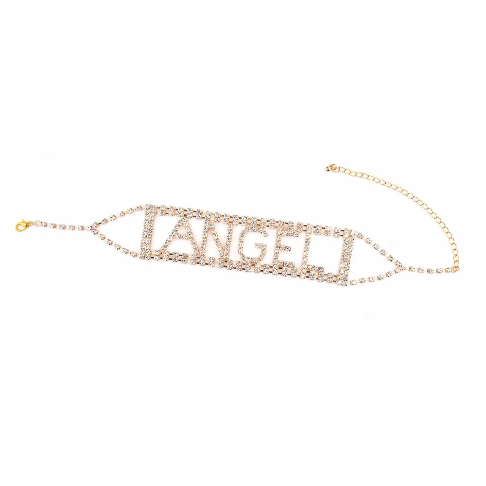 Модное золотое ожерелье с надписью «Angel» для женщин, простое колье-ошейник, ожерелье с кристаллами, стразы, ожерелье для тела, колье, ювелирное изделие