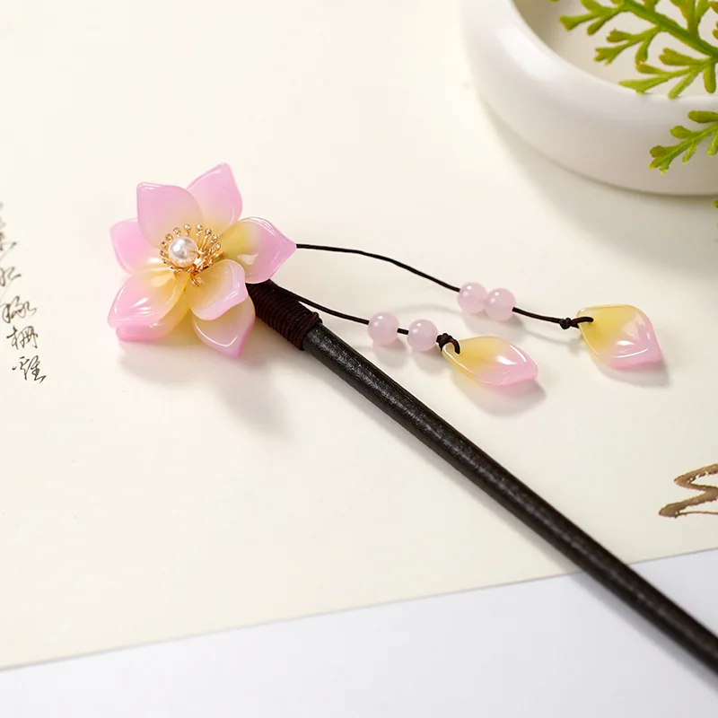 Китайская заколка для волос Hanfu деревянная с цветочными жемчужинами и длинными